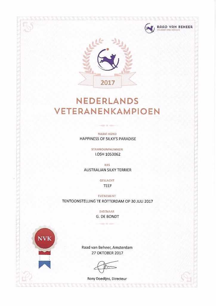 of Silky's Paradise - HAPPINESS: CERTIF VETERAN CHAMPION NL