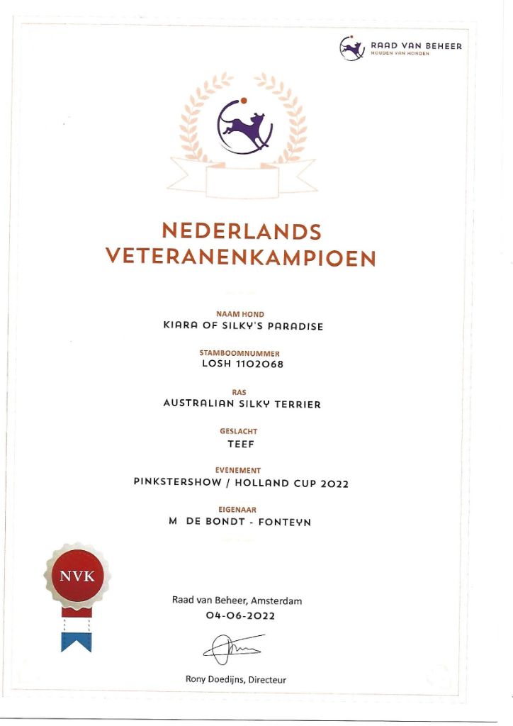 of Silky's Paradise - KIARA CERTIF VETERAN CHAMPION NL